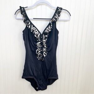 Maxine of Hollywood Black Ruffle Front One-Piece Retro Swimsuit Women’s Size 8
